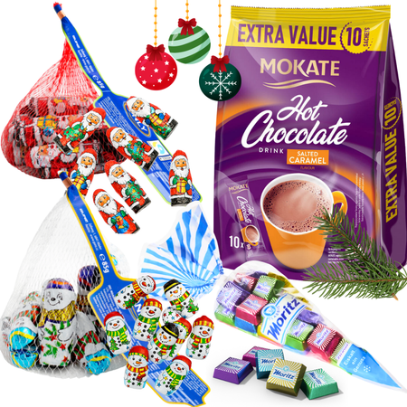 ONLY MOKATE ZESTAW ŚWIĄTECZNY SŁODYCZE BOŻONARODZENIOWE MOKATE SALTED CARAMEL CZEKOLADA DO PICIA + BAŁWANKI I MIKOŁAJE Z MLECZNEJ CZEKOLADY + MORITZ CZEKOLADKI LODOWE IDEALNE NA PREZENT ZESTAW