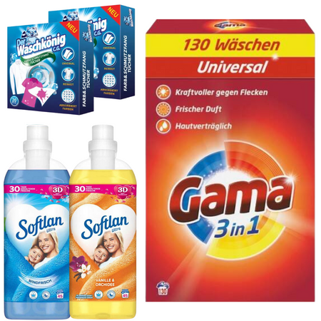 Gama Softlan Zestaw Proszek 130 prań Płyny do Płukania Chusteczki 