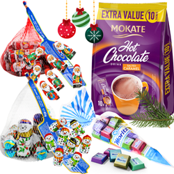 ONLY MOKATE ZESTAW ŚWIĄTECZNY SŁODYCZE BOŻONARODZENIOWE MOKATE SALTED CARAMEL CZEKOLADA DO PICIA + BAŁWANKI I MIKOŁAJE Z MLECZNEJ CZEKOLADY + MORITZ CZEKOLADKI LODOWE IDEALNE NA PREZENT ZESTAW