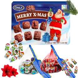 ONLY ZESTAW ŚWIĄTECZNY SŁODYCZE BOŻONARODZENIOWE CZEKOLADKI X-MAS + BAŁWANKI CZEKOLADOWE ŚWIĄTECZNE 85G + MIKOŁAJE Z CZEKOLADY MLECZNEJ ŚWIĄTECZNE BOŻONARODZENIOWE IDEALNE NA PREZENT ZESTAW
