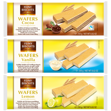 Feiny Biscuits Zestaw Wafli Czekoladowe, Waniliowe, Cytrynowe 3x250g