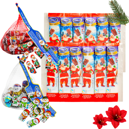 ONLY ZESTAW ŚWIĄTECZNY SŁODYCZE BOŻONARODZENIOWE 2X LIZAKI CZEKOLADOWE MIKOŁAJE 6 SZTUK + BAŁWANKI CZEKOLADOWE ŚWIĄTECZNE 85G + MIKOŁAJE Z CZEKOLADY MLECZNEJ ŚWIĄTECZNE BOŻONARODZENIOWE IDEALNE NA PREZENT ZESTAW