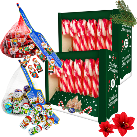 ONLY ZESTAW ŚWIĄTECZNY SŁODYCZE BOŻONARODZENIOWE 2X LIZAKI NA CHOINKĘ CZERWONE 12 SZTUK + BAŁWANKI CZEKOLADOWE ŚWIĄTECZNE 85G + MIKOŁAJE Z CZEKOLADY MLECZNEJ ŚWIĄTECZNE BOŻONARODZENIOWE IDEALNE NA PREZENT ZESTAW 2X12SZT+2X85G