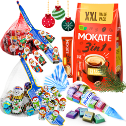 ONLY MOKATE ZESTAW ŚWIĄTECZNY SŁODYCZE BOŻONARODZENIOWE MOKATE KAFFEE CLASSIC 3W1+ BAŁWANKI I MIKOŁAJE Z MLECZNEJ CZEKOLADY + MORITZ CZEKOLADKI LODOWE IDEALNE NA PREZENT ZESTAW